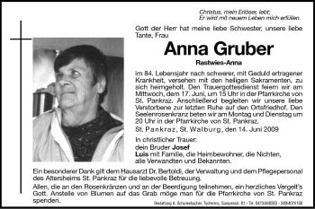 Traueranzeige von Anna Gruber von Dolomiten