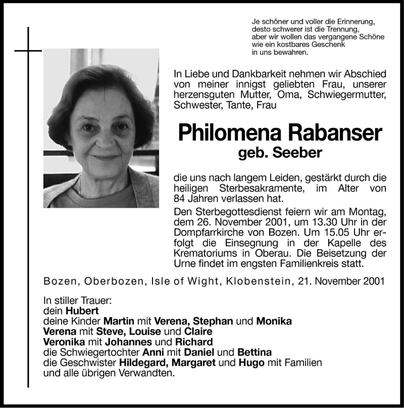  Traueranzeige für Philomena Rabanser vom 23.11.2001 aus Dolomiten