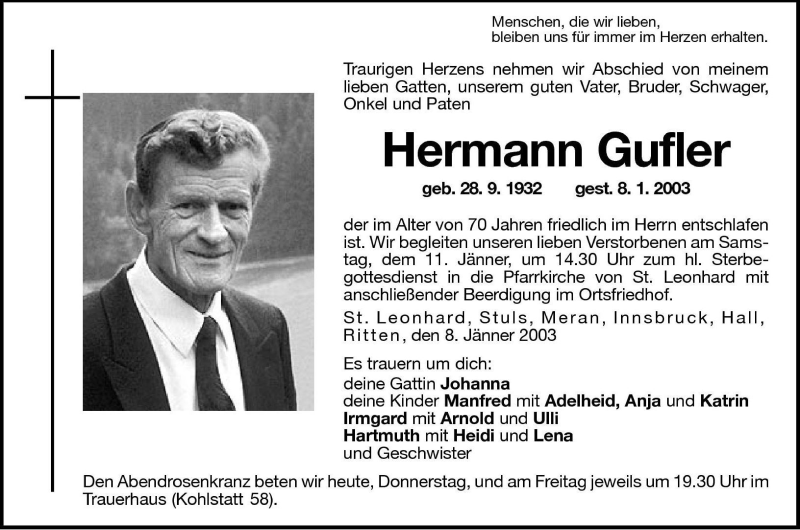  Traueranzeige für Hermann Gufler vom 09.01.2003 aus Dolomiten