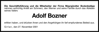 Traueranzeige von Adolf Bozner von Dolomiten