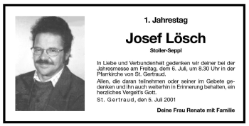 Traueranzeige von Josef Lösch von Dolomiten