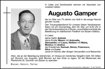Traueranzeige von Augusto Gamper von Dolomiten