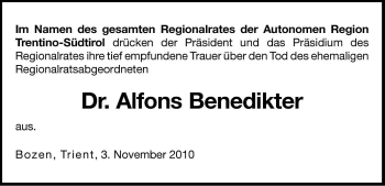 Traueranzeige von Alfons Benedikter von Dolomiten