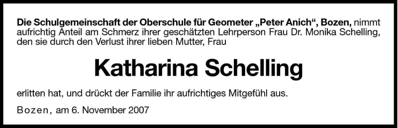  Traueranzeige für Katharina Schelling vom 07.11.2007 aus Dolomiten