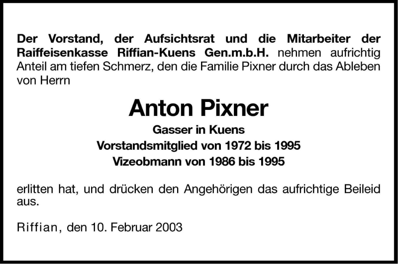  Traueranzeige für Anton Prixner vom 11.02.2003 aus Dolomiten