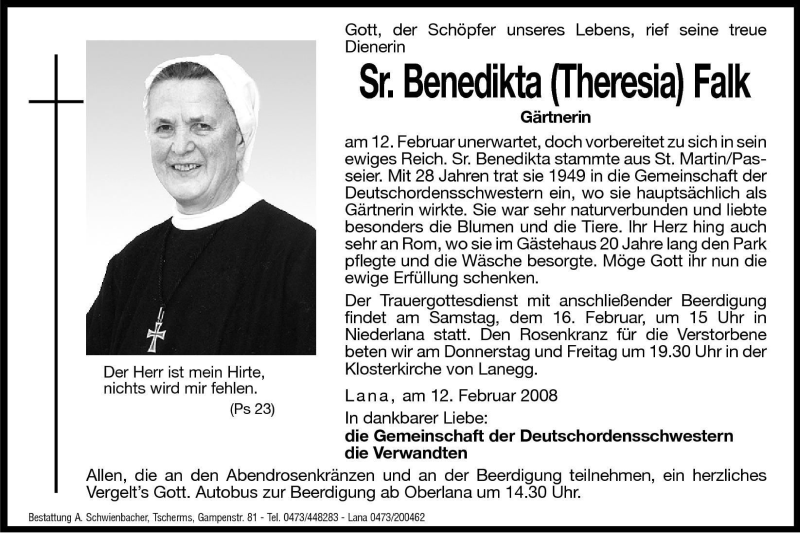  Traueranzeige für Benedikta (Theresia) Falk vom 14.02.2008 aus Dolomiten