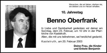 Traueranzeige von Benno Oberfrank von Dolomiten