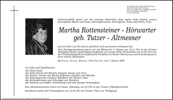 Traueranzeige von Martha Rottensteiner-Hörwarter von Dolomiten