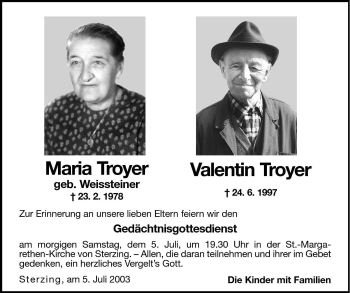 Traueranzeige von Valentin Troyer von Dolomiten