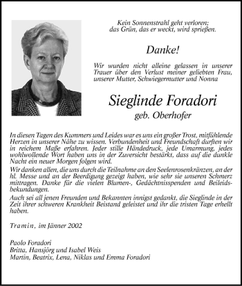 Traueranzeige von Sieglinde Foradori von Dolomiten