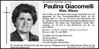 Traueranzeige von Paulina Wieser von Dolomiten