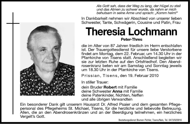 Traueranzeige für Theresia Lochmann vom 20.02.2010 aus Dolomiten