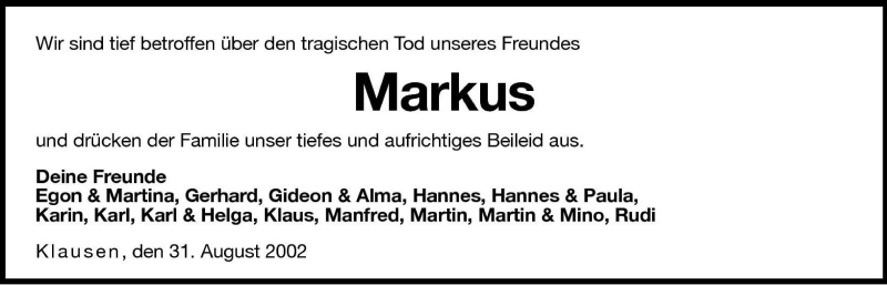  Traueranzeige für Markus  vom 02.09.2002 aus Dolomiten