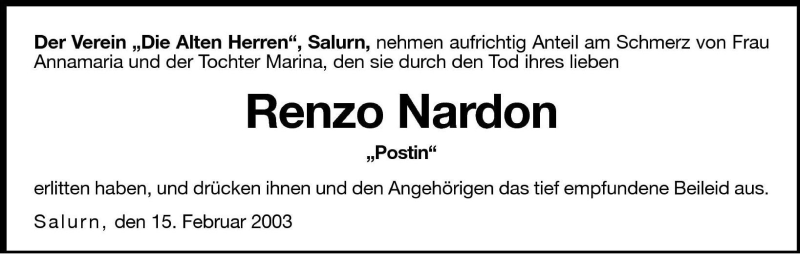  Traueranzeige für Renzo Nardon vom 15.02.2003 aus Dolomiten
