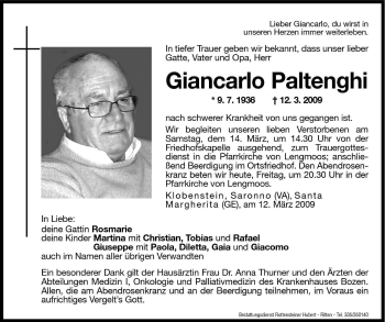 Traueranzeige von Giancarlo Paltenghi von Dolomiten