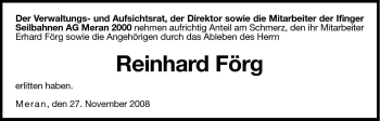 Traueranzeige von Reinhard Förg von Dolomiten