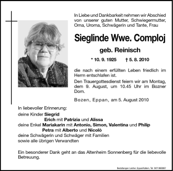 Traueranzeige von Sieglinde Comploj von Dolomiten