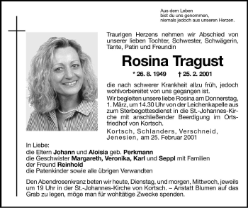 Traueranzeige von Rosina Tragust von Dolomiten