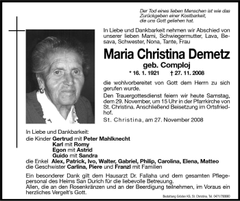Traueranzeige von Maria Christina Comploj von Dolomiten