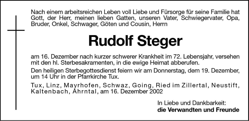  Traueranzeige für Rudolf Steger vom 18.12.2002 aus Dolomiten