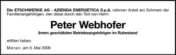 Traueranzeige von Peter Webhofer von Dolomiten