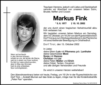 Traueranzeige von Markus Fink von Dolomiten
