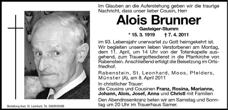  Traueranzeige für Alois Brunner vom 09.04.2011 aus Dolomiten