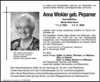 Traueranzeige von Anna Winkler von Dolomiten