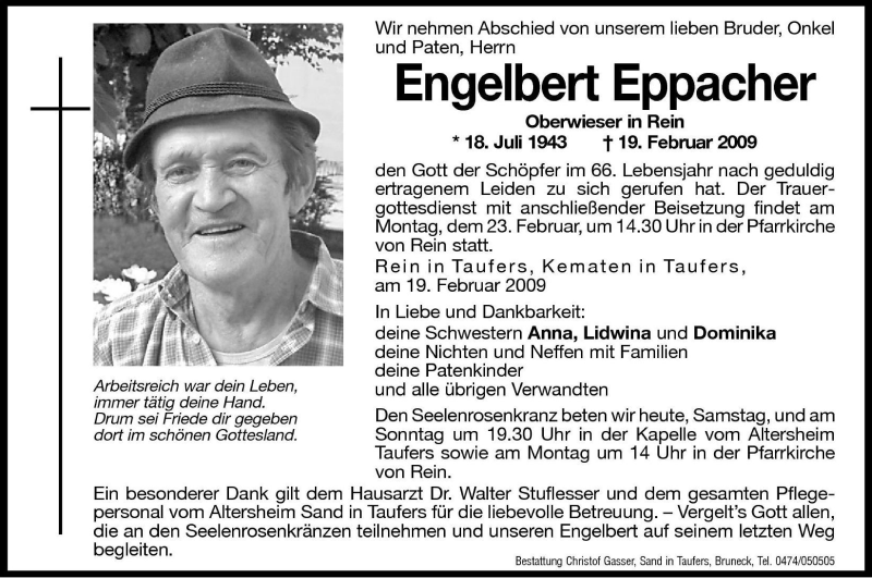  Traueranzeige für Engelbert Eppacher vom 21.02.2009 aus Dolomiten