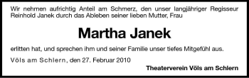 Traueranzeige von Martha Janek von Dolomiten