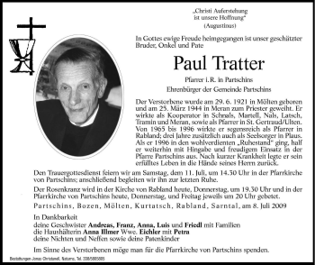 Traueranzeige von Paul Tratter von Dolomiten