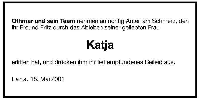  Traueranzeige für Katja  vom 19.05.2001 aus Dolomiten