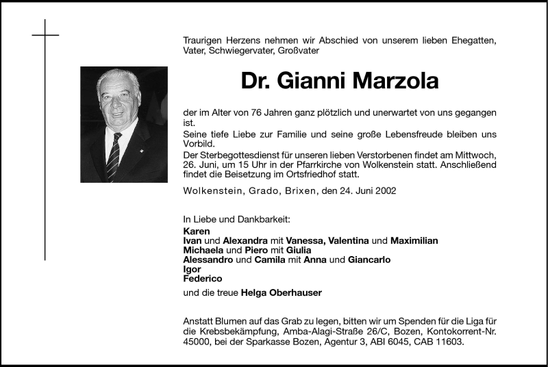  Traueranzeige für Gianni Marzola vom 25.06.2002 aus Dolomiten