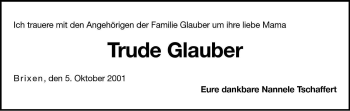 Traueranzeige von Trude Glauber von Dolomiten