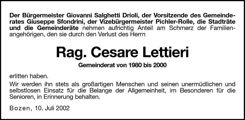  Traueranzeige für Cesare Lettieri vom 11.07.2002 aus Dolomiten