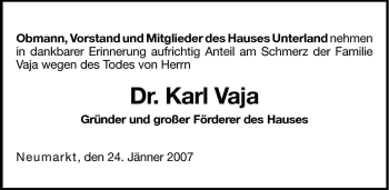 Traueranzeige von Karl Vaja von Dolomiten