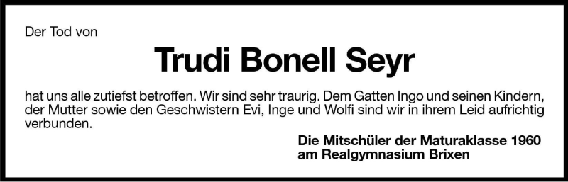  Traueranzeige für Trudi Bonell Seyr vom 30.03.2007 aus Dolomiten