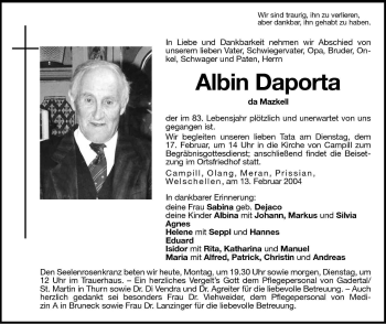 Traueranzeige von Albin Daporta von Dolomiten