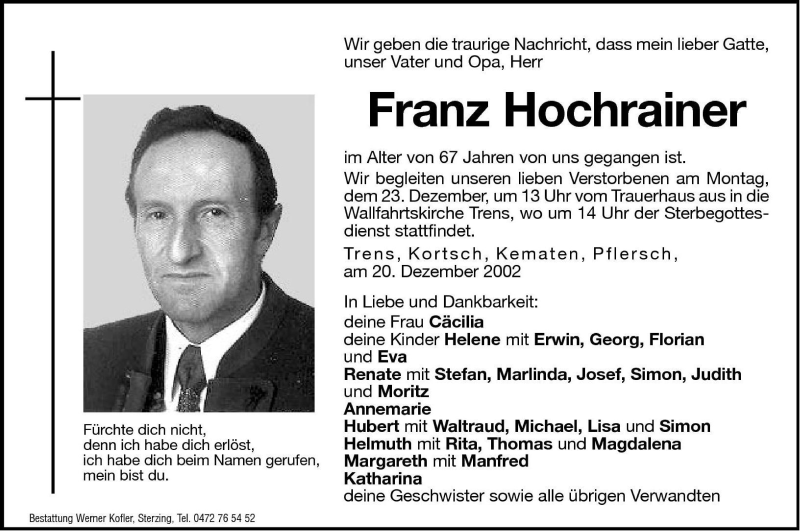  Traueranzeige für Franz Hochrainer vom 21.12.2002 aus Dolomiten