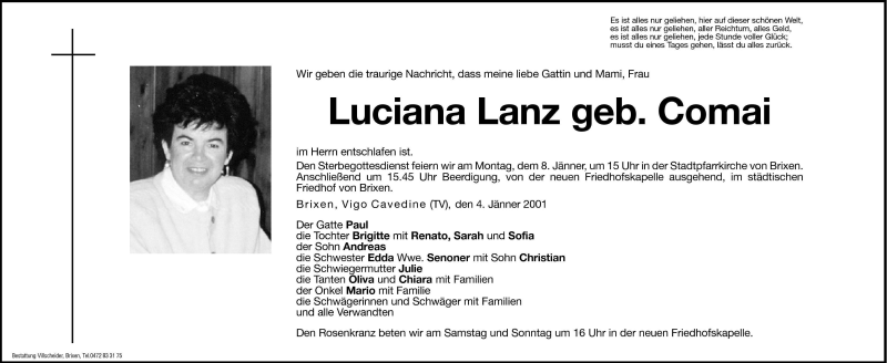  Traueranzeige für Luciana Lanz vom 05.01.2001 aus Dolomiten