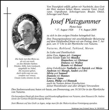 Traueranzeige von Josef Platzgummer von Dolomiten