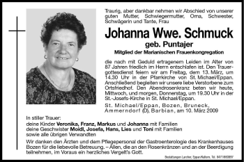 Traueranzeige von Johanna Schmuck von Dolomiten