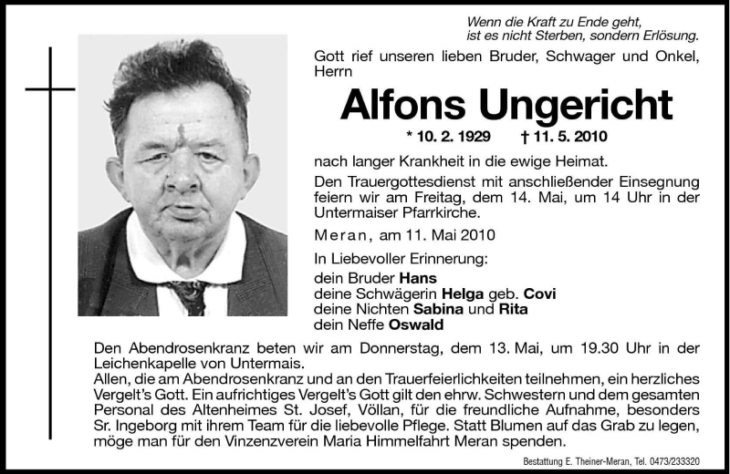  Traueranzeige für Alfons Ungericht vom 13.05.2010 aus Dolomiten