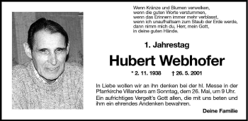Traueranzeige von Hubert Webhofer von Dolomiten