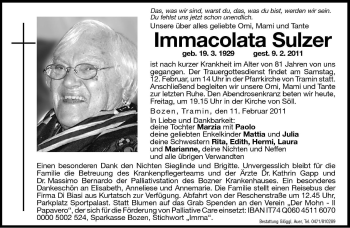 Traueranzeige von Immacolata Sulzer von Dolomiten