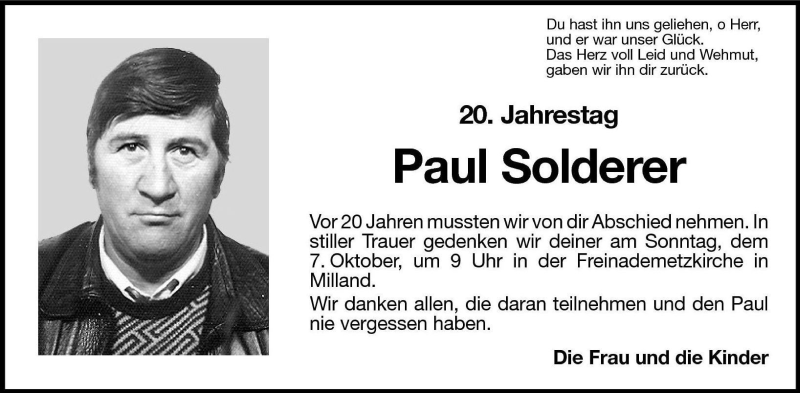  Traueranzeige für Paul Solderer vom 05.10.2007 aus Dolomiten