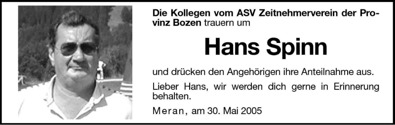  Traueranzeige für Hans Spinn vom 31.05.2005 aus Dolomiten