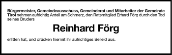 Traueranzeige von Reinhard Förg von Dolomiten