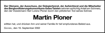 Traueranzeige von Martin Ploner von Dolomiten
