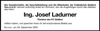 Traueranzeige von Josef Ladurner von Dolomiten